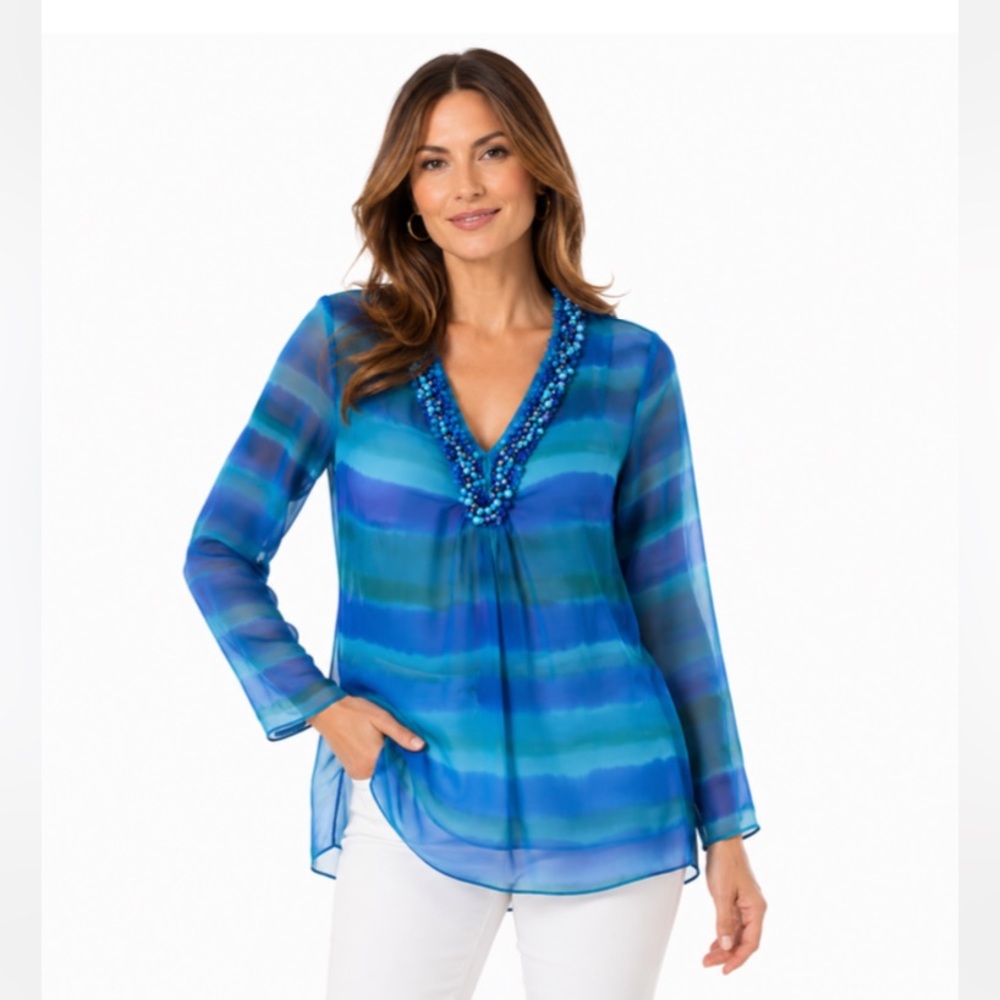 2/$30 NWT Dana Buchman Sheer Beaded Chiffon Tunic Top Sz 14 Blue Teal